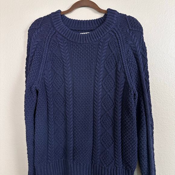 LLBean Signature Women L Cable Knit Fisherman Sweater Navy Blue Cotton - Picture 11 of 15
